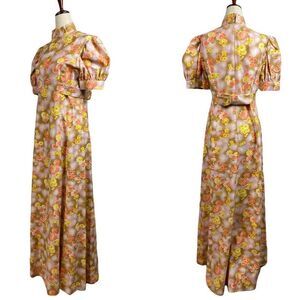 Vintage 60s Daisy Floral Puff Sleeve Mock Neck Bow Waist Belt Maxi Dress